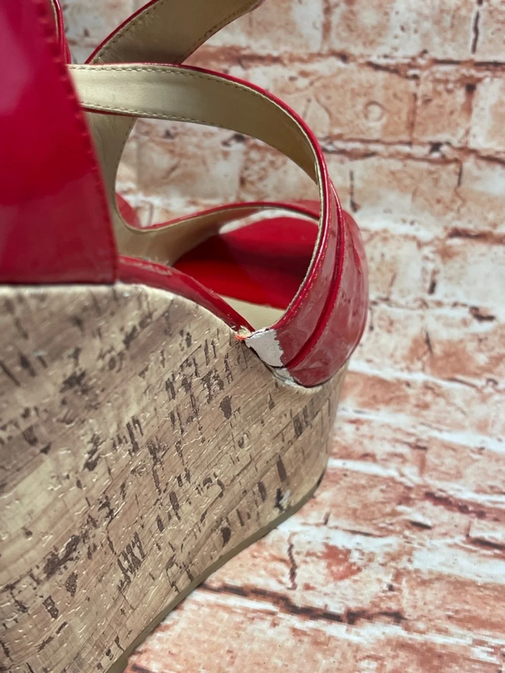 Forever 21 Red Peep Toe Ulta High Patent Leather Wedges with Cork Platform